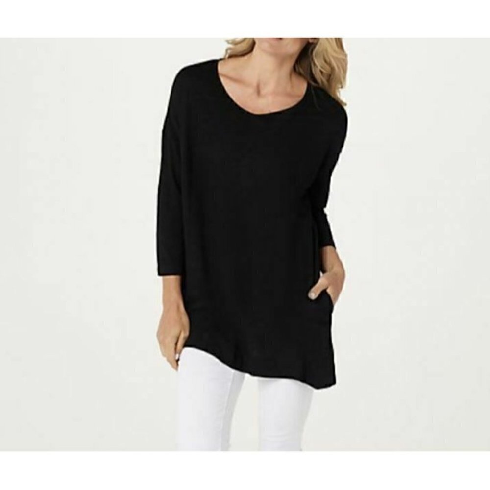 LOGO by Lori Goldstein Womens Drop Shoulder 3/4 Sleeve Knit Top Black Medium